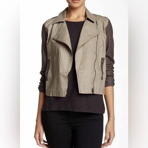 Eileen Fisher XL Coated Organic Linen Moto Jacket Asymmetric Zip Stone $258